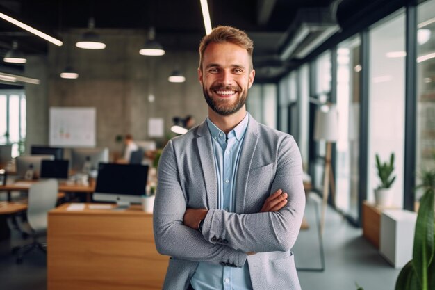 Uomo sorridente in abito grigio con le braccia incrociate in un ufficio.