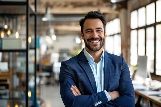 Uomo sorridente in giacca blu