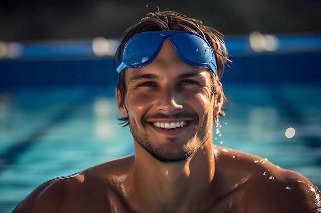 Uomo sorridente in piscina che indossa occhiali da sole e guarda la telecamera