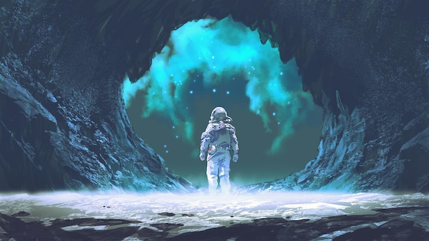 uomo spaziale in piedi all'ingresso della grotta pittura in stile arte digitale