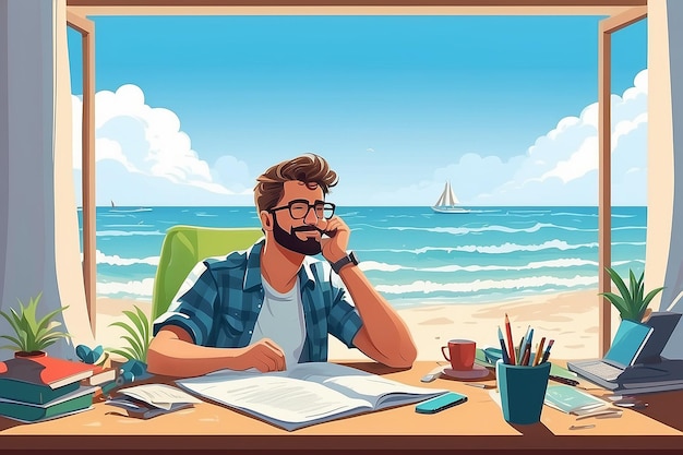 Uomo spensierato alla scrivania che fa una pausa dal lavoro sognando ad occhi aperti l'estate sulla spiaggia dell'oceano