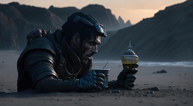 Uomo Steampunk nel deserto con una lanterna e una tazza di caffè