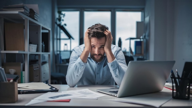 Uomo stressato con un laptop in ufficio