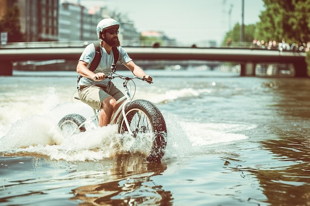 Uomo su bicicletta d'acqua nel fiume di una grande città Bicicletta progettata per essere guidata su superfici d'acqua