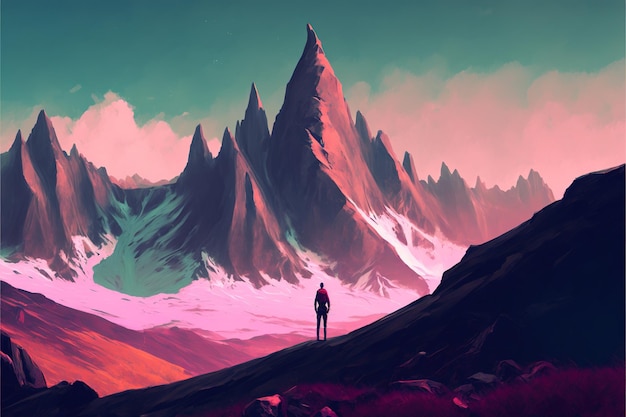 Uomo sulla montagna Uomo in piedi su una collina che guarda la strana montagna Illustrazione in stile arte digitale pittura