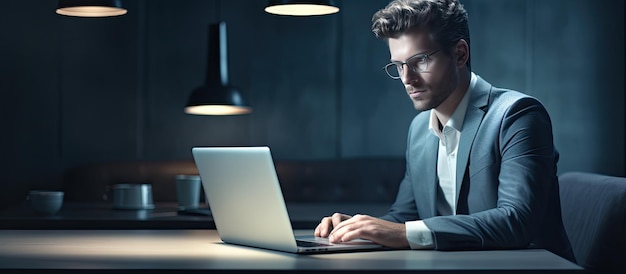 Uomo sulla quarantina che utilizza il computer portatile alla scrivania in un ufficio moderno