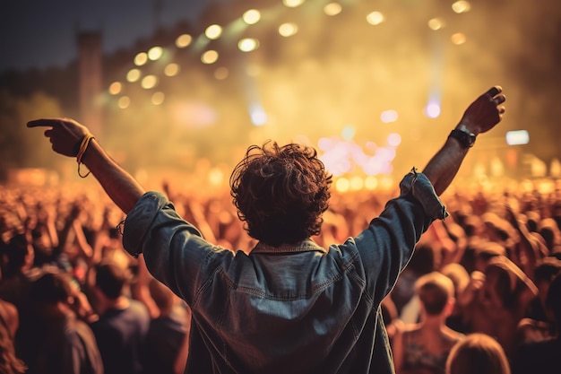 Uomo sulla schiena con le braccia alzate che si gode un concerto tra il pubblico di un festival musicale