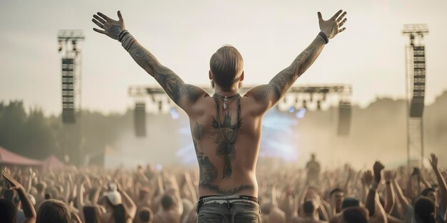 Uomo sulla schiena con le braccia alzate che si gode un concerto tra il pubblico di un festival musicale