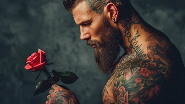 Uomo tatuato che tiene in mano una singola rosa