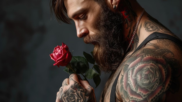 Uomo tatuato che tiene in mano una singola rosa