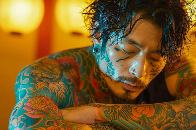 Uomo tatuato pensieroso con tatuaggi tradizionali giapponesi che contempla in una stanza con un ambiente caldo