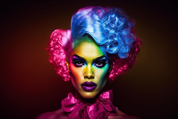 Uomo travestito da donna con trucco e cosmetici sul viso in stile drag queen Generative AI