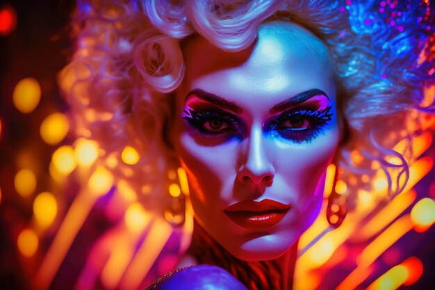 Uomo travestito in stile drag queen con il trucco in un abito da donna allo spettacolo Generative AI