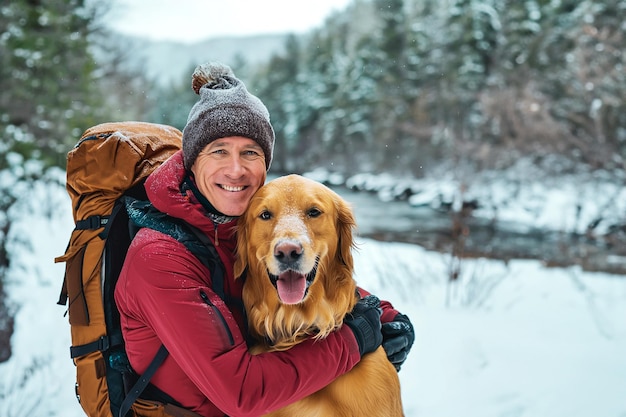 uomo turista abbraccia un cane contro le montagne