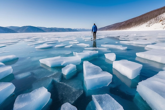 Uomo turista che cammina sul ghiaccio del lago Baikal Paesaggio invernale del Lago Baikal Siberia Russia Ghiaccio blu trasparente e cielo blu