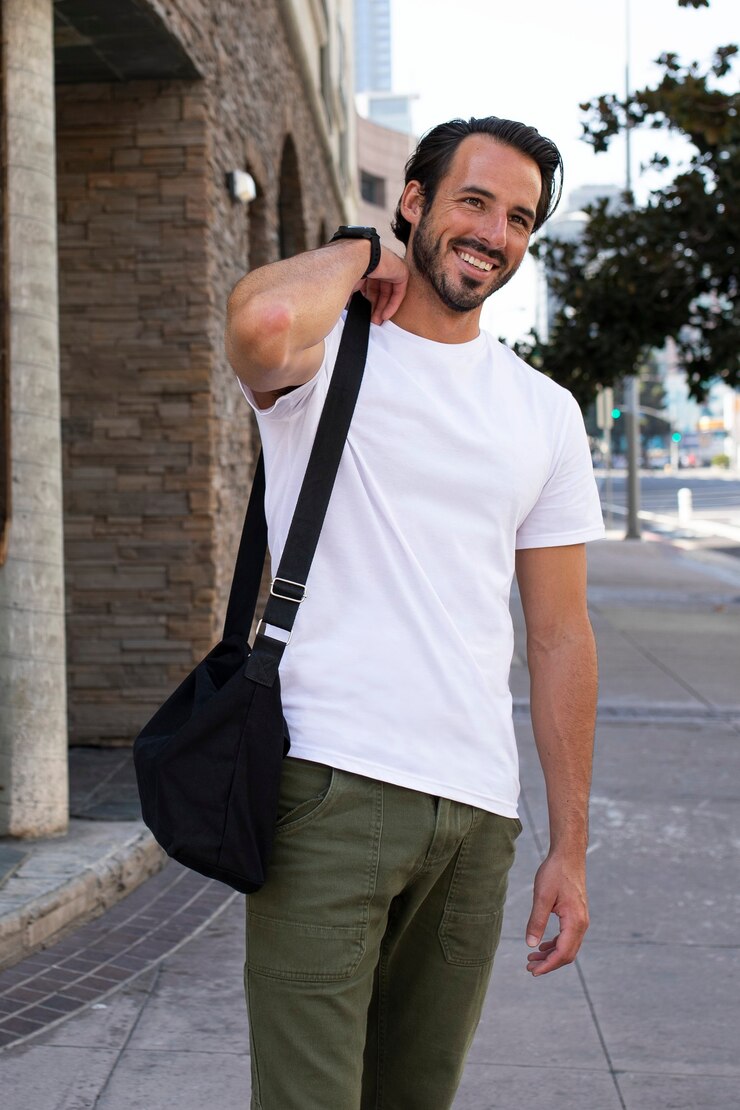 Foto uomo vestito casual che si dirige al servizio fotografico all'aperto al lavoro