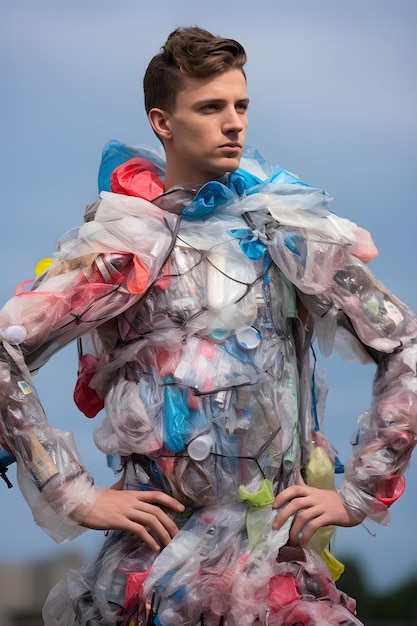 Uomo vestito con abiti di plastica da spazzatura concetto di sostenibilità.