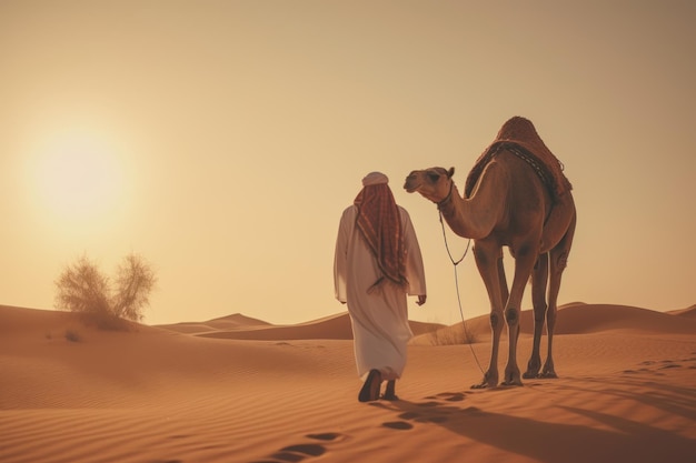 Uomo vestito con abiti tradizionali che porta un cammello sulla sabbia del deserto di Dubai