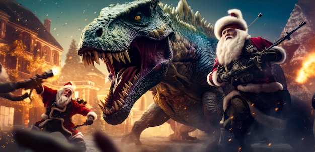 Uomo vestito da Babbo Natale che cavalca un dinosauro davanti alla città AI generativa