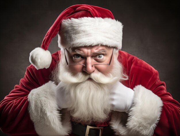 Uomo vestito da Babbo Natale in posa giocosa su uno sfondo solido