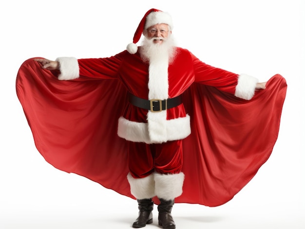 Uomo vestito da Babbo Natale in posa giocosa su uno sfondo solido