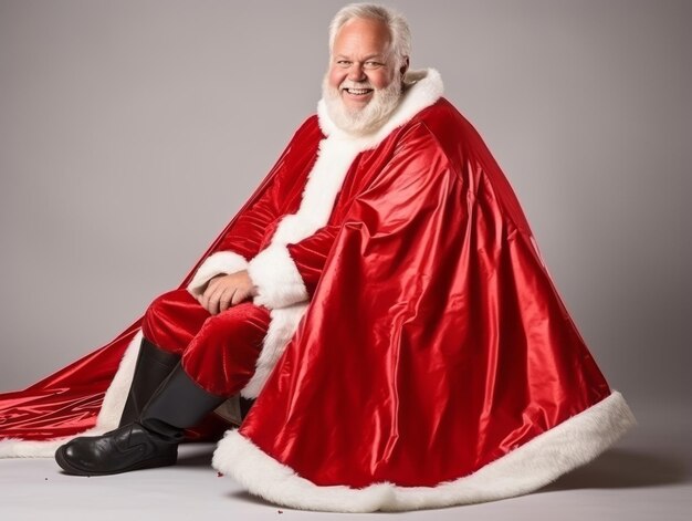Uomo vestito da Babbo Natale in posa giocosa su uno sfondo solido