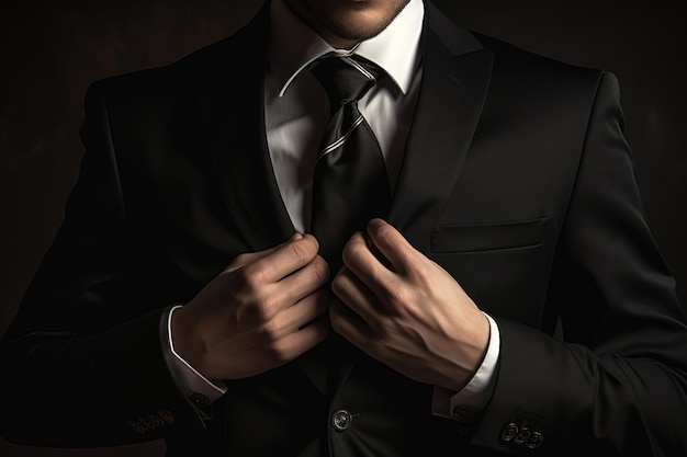 Uomo vestito di nero e aggiustandosi la cravatta