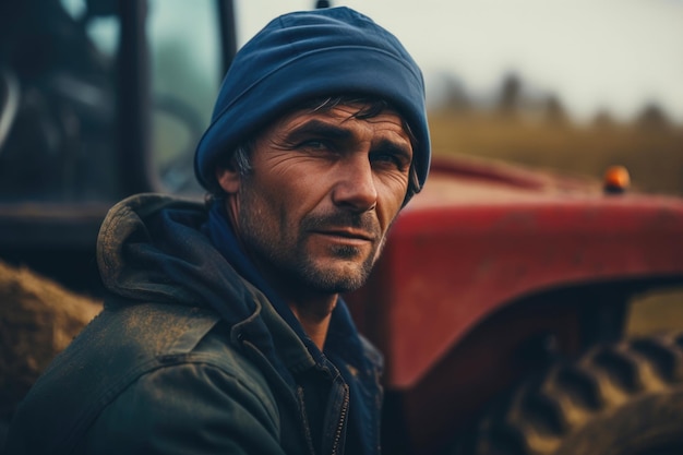 Uomo vicino a un trattore Concetto di agricoltura e lavori sul campo AI generativa