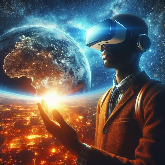 uomo VR indossare e guardare un mondo virtuale