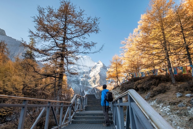 Uomo zaino in spalla che fa un'escursione sull'abetaia con la montagna sacra