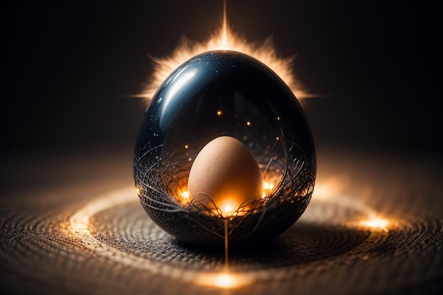 Uova all'interno di una palla di vetro sul desktop sotto la luce naturale close-up sfondo carta da parati creativa