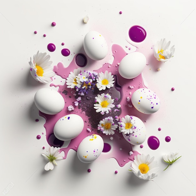 Uova bianche piatte con spruzzata di vernice magenta rovesciata e fiori
