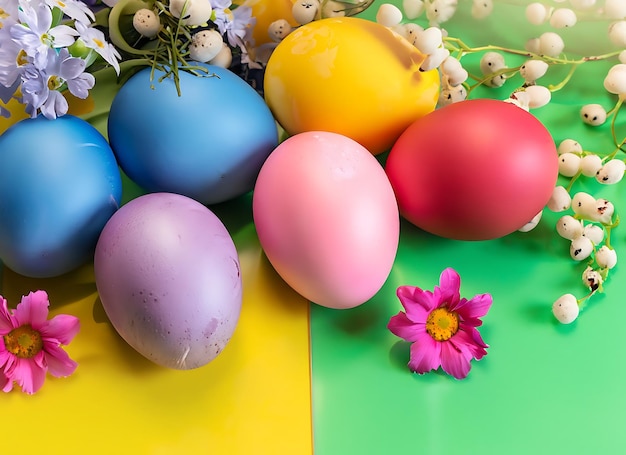 Uova colorate che simboleggiano la Pasqua su uno sfondo colorato e fiori