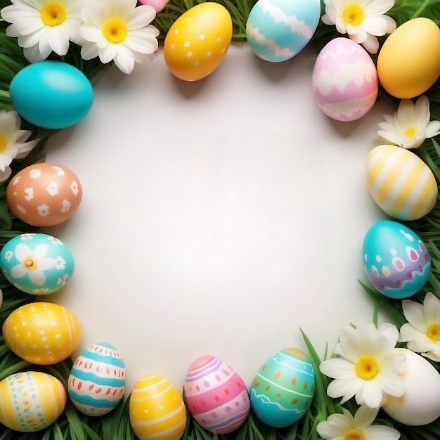 Uova colorate di Pasqua e cornice di fiori Buon giorno di Pasqua sullo sfondo generato dall'AI
