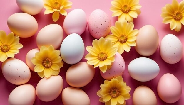 Uova colorate di Pasqua e fiori Buon giorno di Pasqua sullo sfondo generato dall'AI