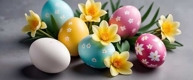 Uova colorate di Pasqua e fiori Buon giorno di Pasqua sullo sfondo generato dall'AI