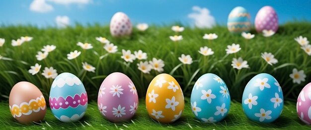 Uova colorate di Pasqua e fiori Buon giorno di Pasqua sullo sfondo generato dall'AI