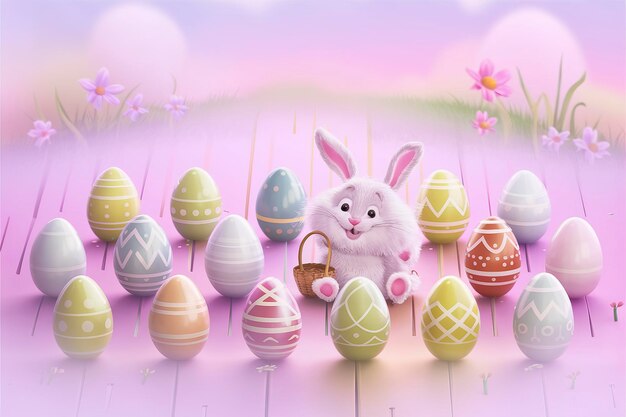 uova colorate di Pasqua in fila e tra di loro coniglietto di Pasqua