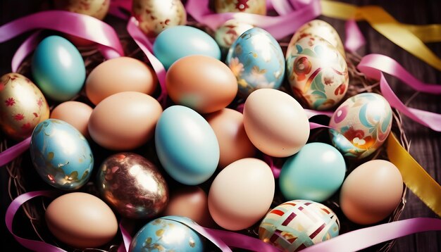 Uova colorate e nastri vivaci illuminano la festa portando gioia e calore della Pasqua