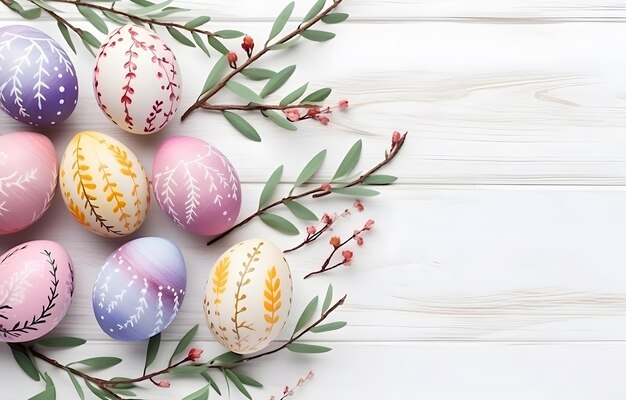 Uova colorate per le vacanze di Pasqua su un tavolo bianco di legno per il saluto