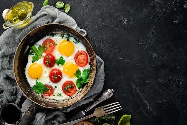 Uova con pomodori e verdure in una padella