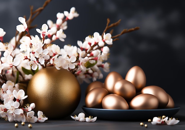 Uova d'Oro di Pasqua con fiori sullo sfondo generate dall'AI