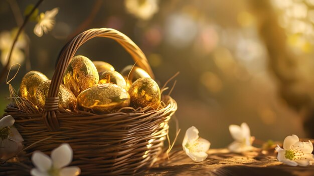 Uova d'oro di Pasqua in un cesto di vimini