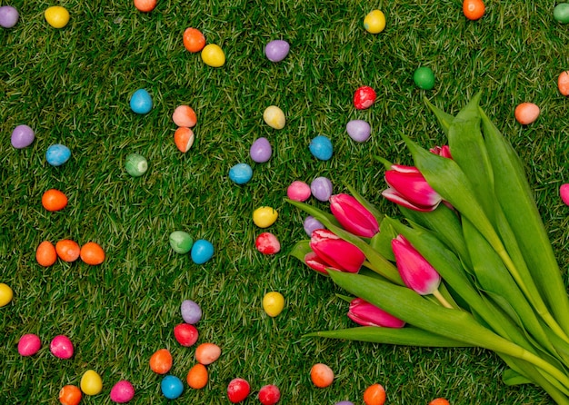 Uova di caramelle di Pasqua e tulipani su erba verde.