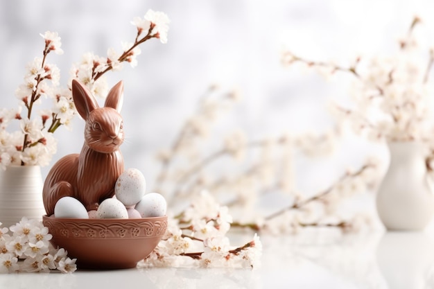 Uova di cioccolato coniglietto e fiori di primavera su uno sfondo chiaro ai generati.