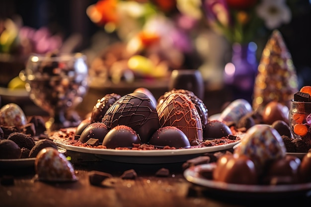 Uova di cioccolato di Pasqua su un tavolo di legno