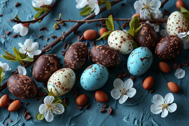 Uova di cioccolato e un ramo su uno sfondo blu