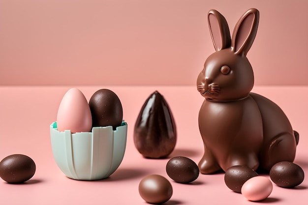 Uova di coniglietto di Pasqua al cioccolato e caramelle su sfondo rosa IA generativa 3