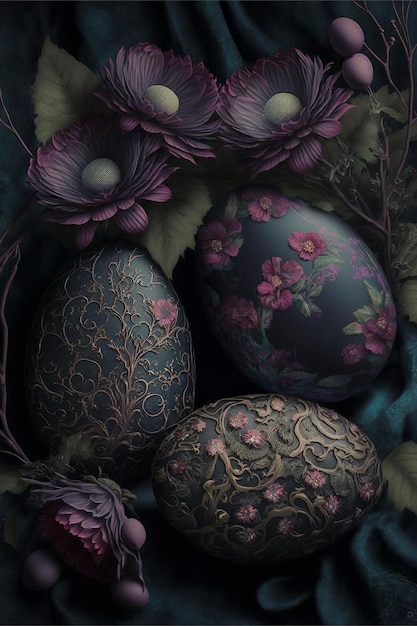 Uova di ester colori scuri, decorazioni in stile vittoriano