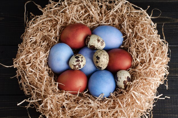 Uova di gallina di Pasqua in un nido di pollo